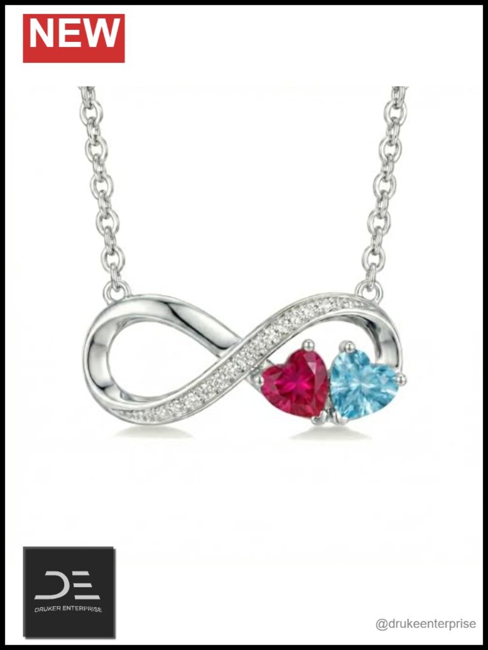 18k White Gold Plated Infinity Birthstone Necklace Two Heart Pendants
